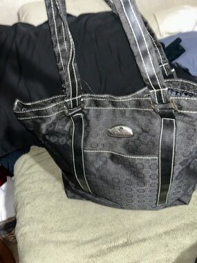 Black Patterned Tote Bag with Logo Plaque